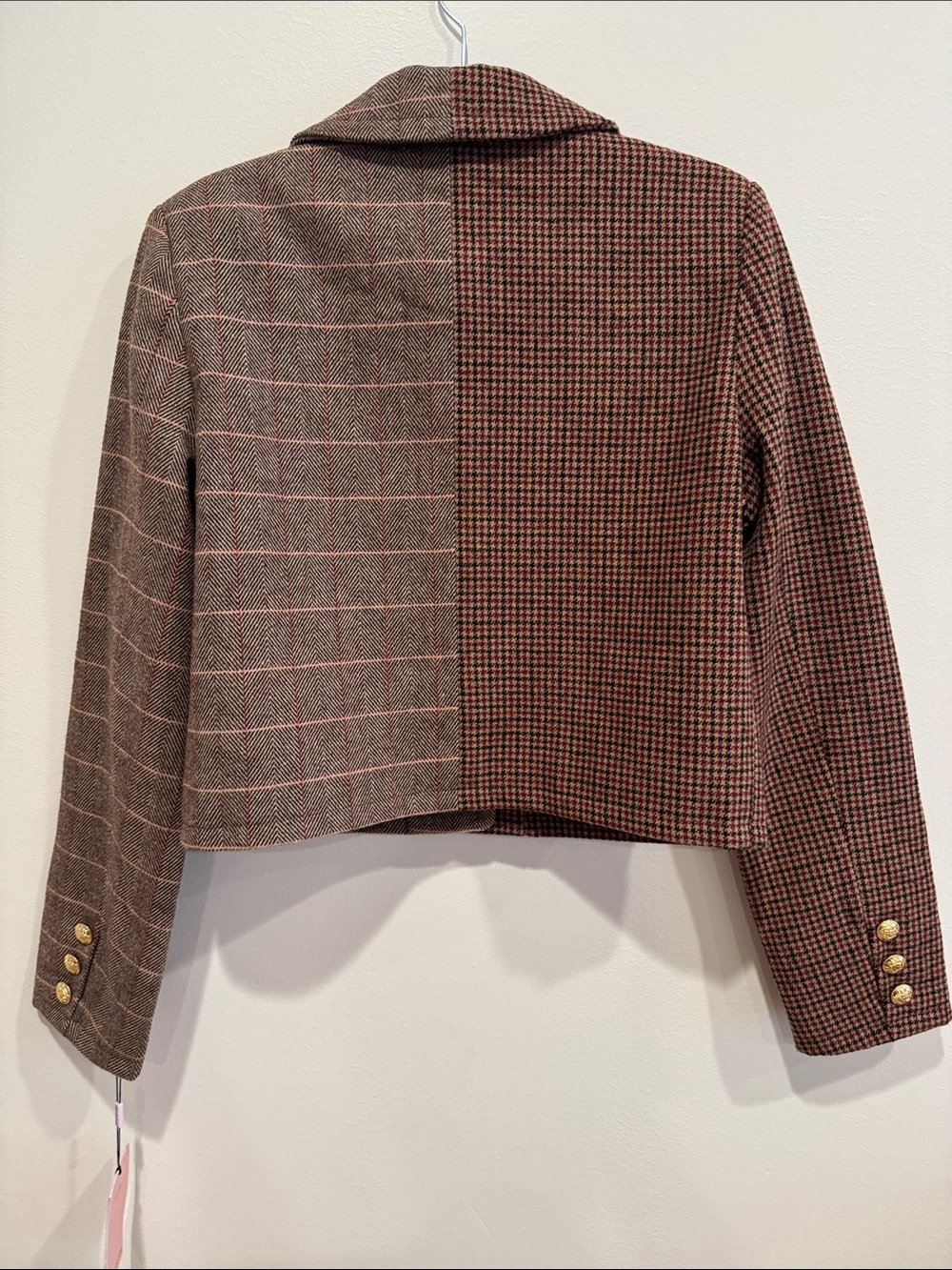 Avec Les Filles Mixed Plaid Houndstooth Cropped Equestrian Jacket Small NWT Gold - Picture 6 of 10